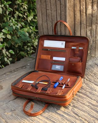 Leather laptop bag with double compartment